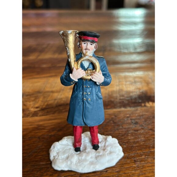 Vintage Mervyn's Christmas Village Accessory Of A Man Playing Tuba In Blue Coat - Picture 1 of 10